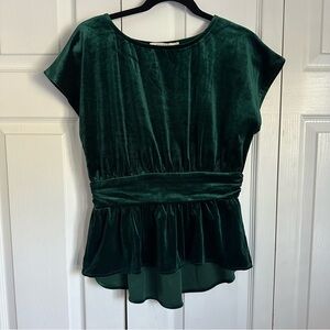 Ellison Blouse Womens Medium Green Velvet Peplum Cap Sleeve Ruched Holiday Party
